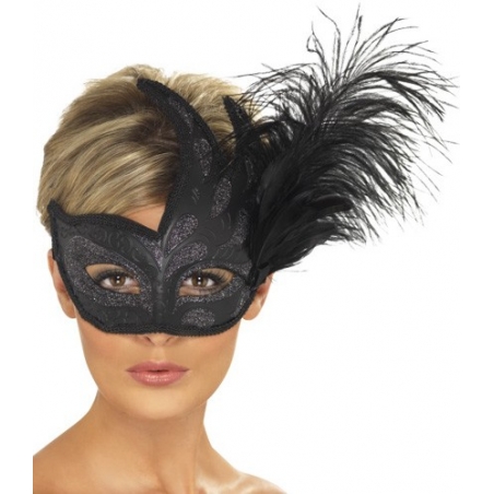Masque vénitien noir avec plume - Masques & Loups