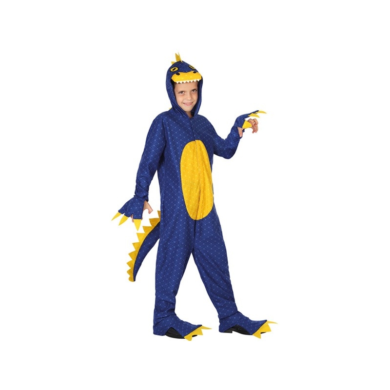 Déguisement de dinosaure pour enfant, combinaison à cagoule bleu et jaune