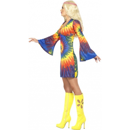 Déguisement femme hippie années 60, robe baba cool multicolore 