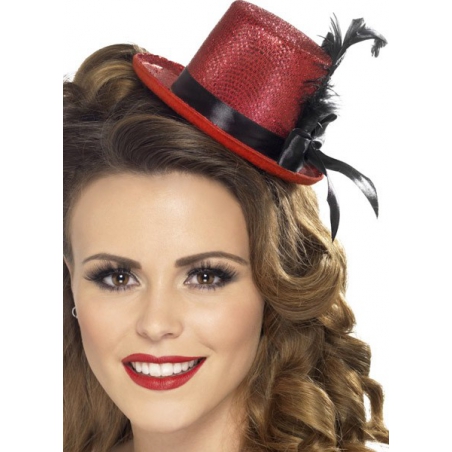 Mini chapeau rouge pour femme avec plume et ruban, idéal pour vos déguisements burlesques