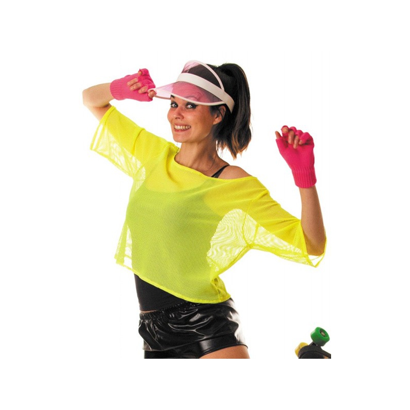 Top Femme Années 80 Fluo Et Maille Résille - Coupe Oversize épaules Dénudées - Pour Déguisement Disco Ou Style Y2K