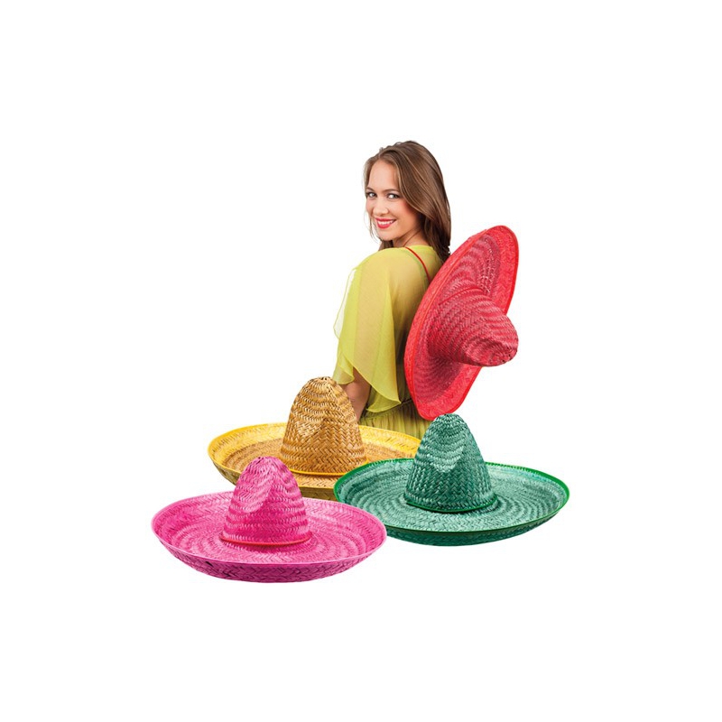 Chapeaux mexicains 50 cm, sombrero mexicain pour adulte disponible en rouge, vert, jaune et rose