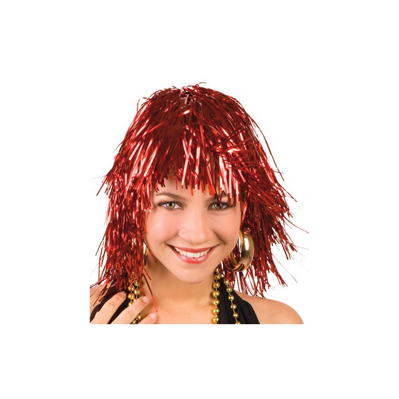 Perruque rouge années 70 femme, perruque disco effet métallique