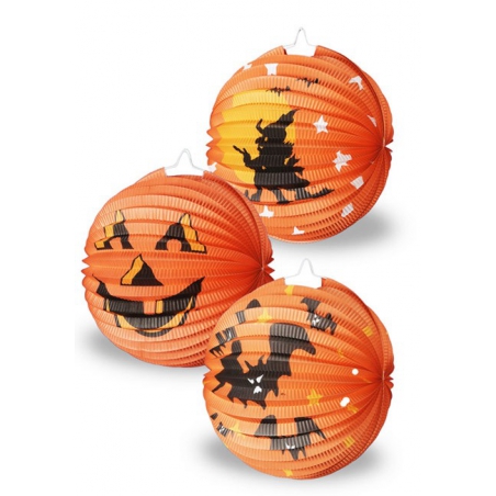 Lanterne halloween orange 3 modèles assortis (citrouille, sorcière ou chauve-souris)
