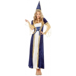 Déguisement médiéval bleu pour femme avec robe et chapeau