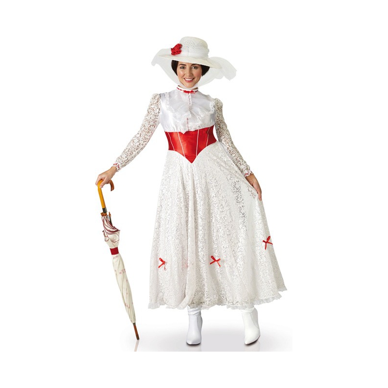 Déguisement de Mary Poppins pour adulte avec longue robe blanche et chapeau - costume Disney