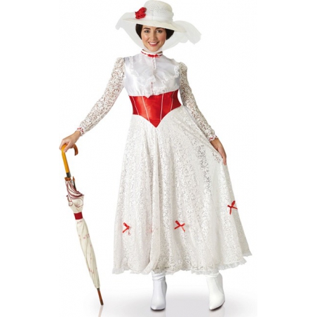 Déguisement de Mary Poppins pour adulte avec longue robe blanche et chapeau - costume Disney