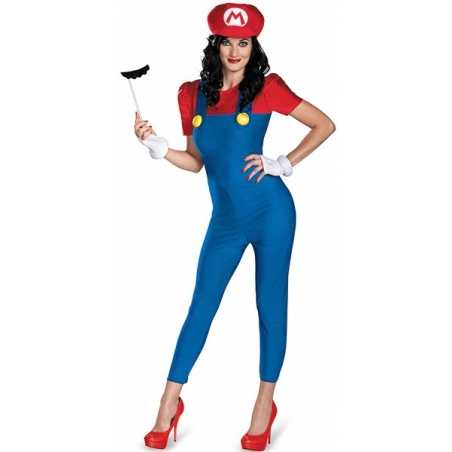 Déguisement Mario femme, costume Nintendo avec combinaison, casquette, gants et moustache