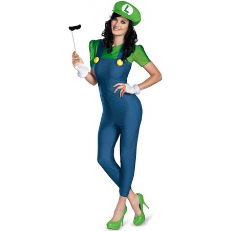 Déguisement de Luigi pour femme avec combinaison, casquette, gants et moustache sous licence Nintendo