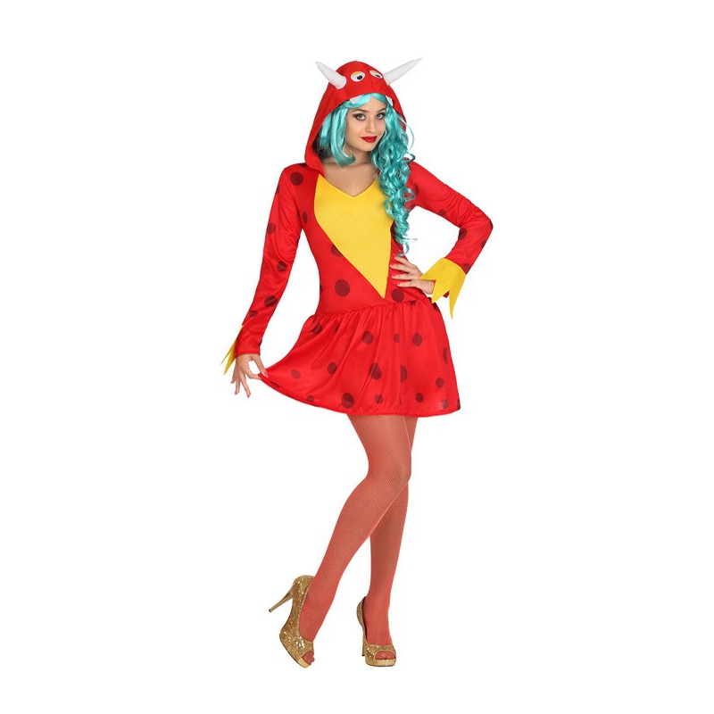 Déguisement animal, femme dragon avec robe rouge et noire à capuche