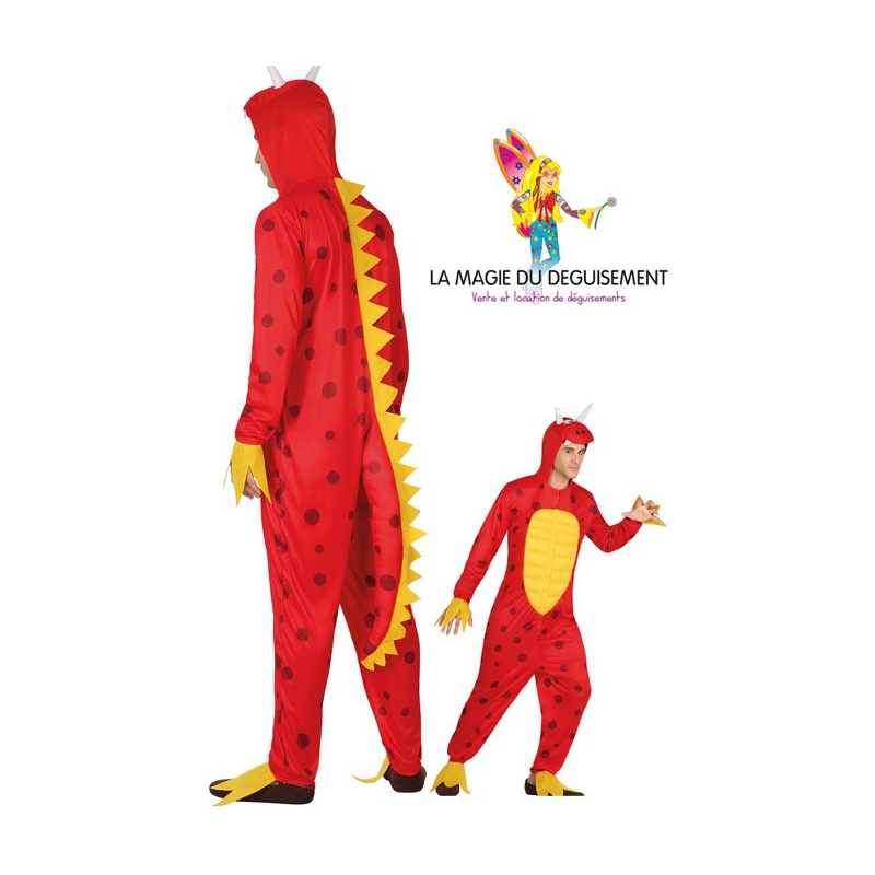 Costume de dragon rouge pour homme, combinaison noire et rouge à capuch