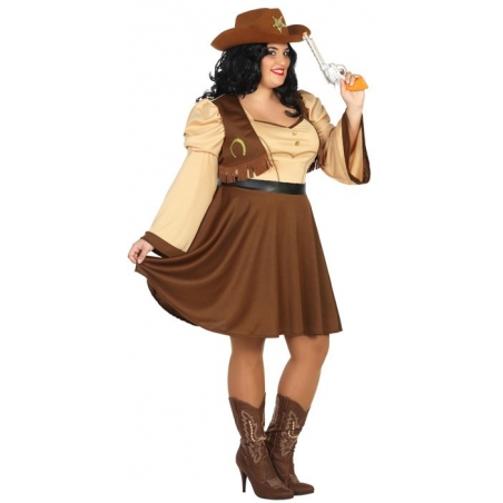 Déguisement de cowgirl grande taille pour femme proposé en taille XXL avec robe et ceinture Déguisement de cowgirl grande taille pour femme proposé en taille XXL avec robe et ceinture