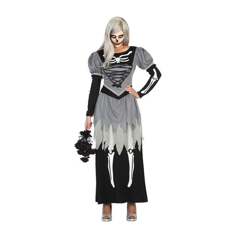 Déguisement de mariée zombie pour femme, longue robe avec motif squelette - costume halloween