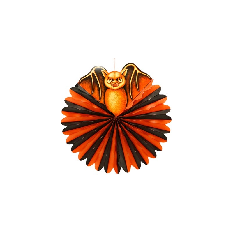 Lampion halloween orange et noir décoré d'une petite chauve-souris - déco halloween