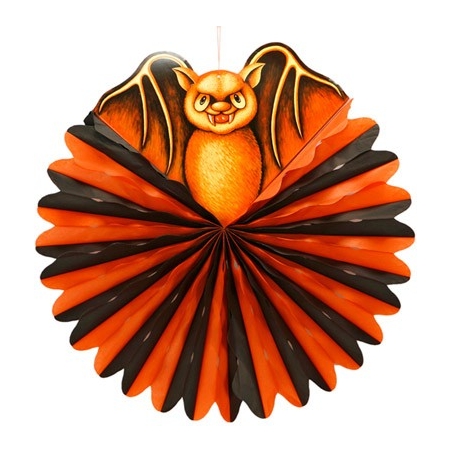 Lampion halloween orange et noir décoré d'une petite chauve-souris - déco halloween