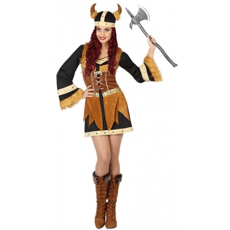 Déguisement viking pour femme avec robe et casque en mousse - costume carnaval