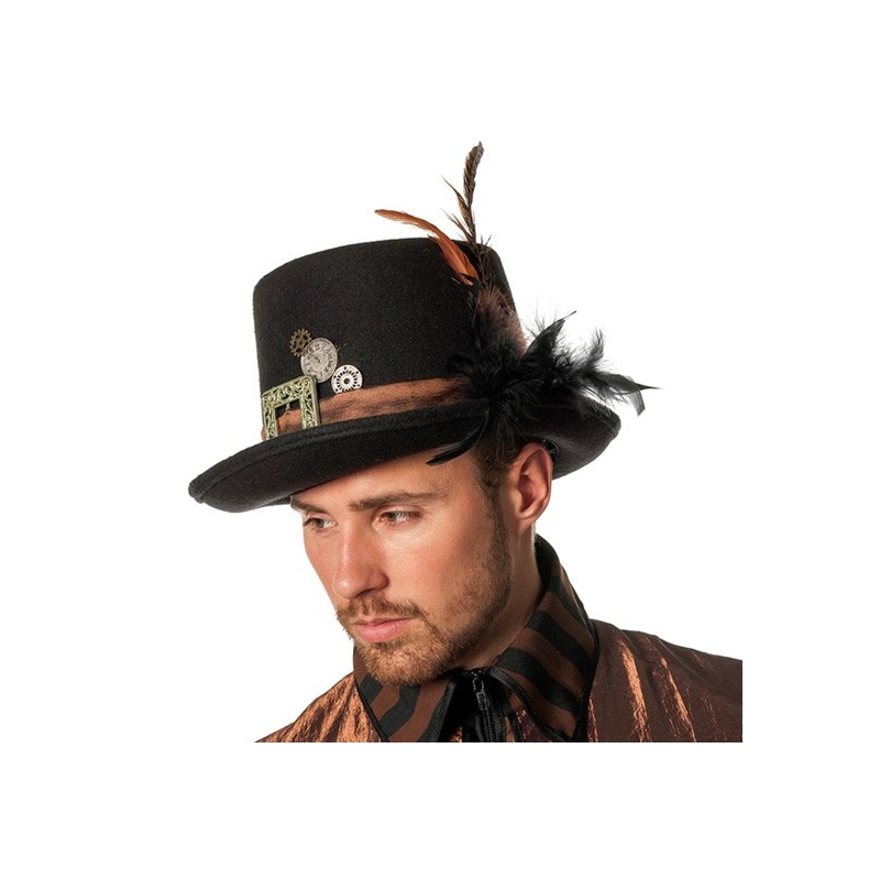 Chapeau steampunk pour homme avec plumes et mécanismes - costume époque victorienne