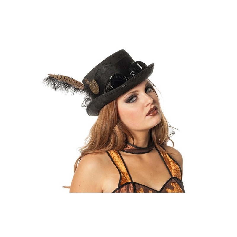 Chapeau steampunk noir pour femme avec lunettes