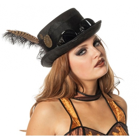 Chapeau steampunk noir pour femme avec lunettes