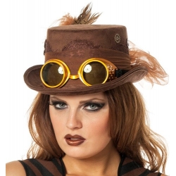 Chapeau steampunk marron avec lunettes pour femme - accessoire époque victorienne