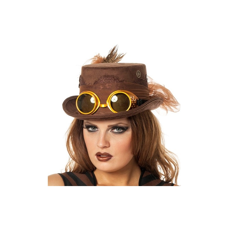 Chapeau steampunk marron avec lunettes pour femme - accessoire époque victorienne