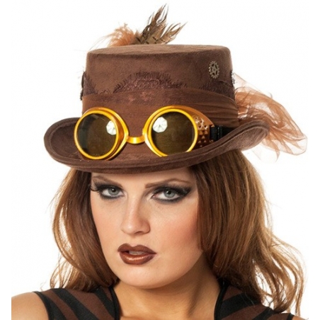 Chapeau steampunk marron avec lunettes pour femme - accessoire époque victorienne