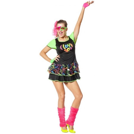 Robe année 80 noire et vert fluo pour femme - déguisement année 80 Robe année 80 noire et vert fluo pour femme - déguisement année 80