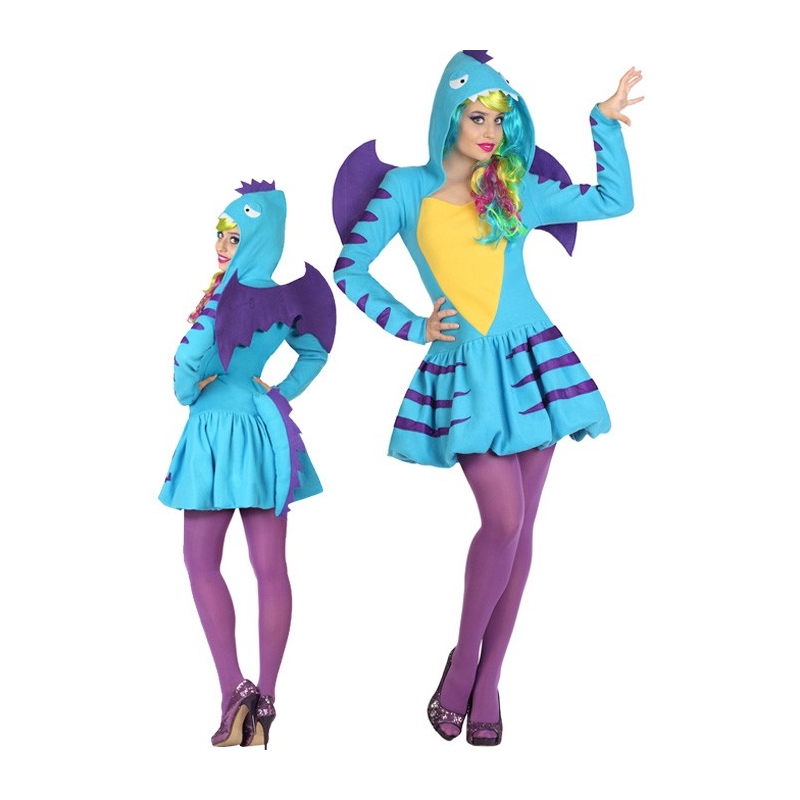 déguisement dragon bleu femme avec robe à capuche et ailes