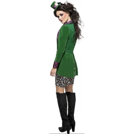 Costume de chapelier fou pour femme avec jupe, chemisier, veste verte et chapeau