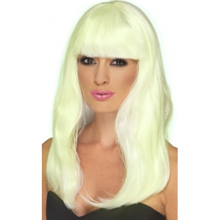 Longue perruque phosphorescente avec frange, brille dans le noir - perruque halloween