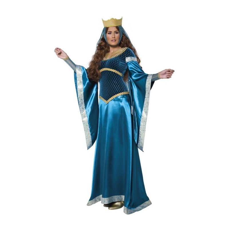 Longue robe médiévale de couleur bleue avec couronne pour femme - costumes médiévaux 