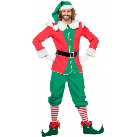 Déguisement lutin de Noël pour adulte avec haut, pantalon, ceinture et bonnet