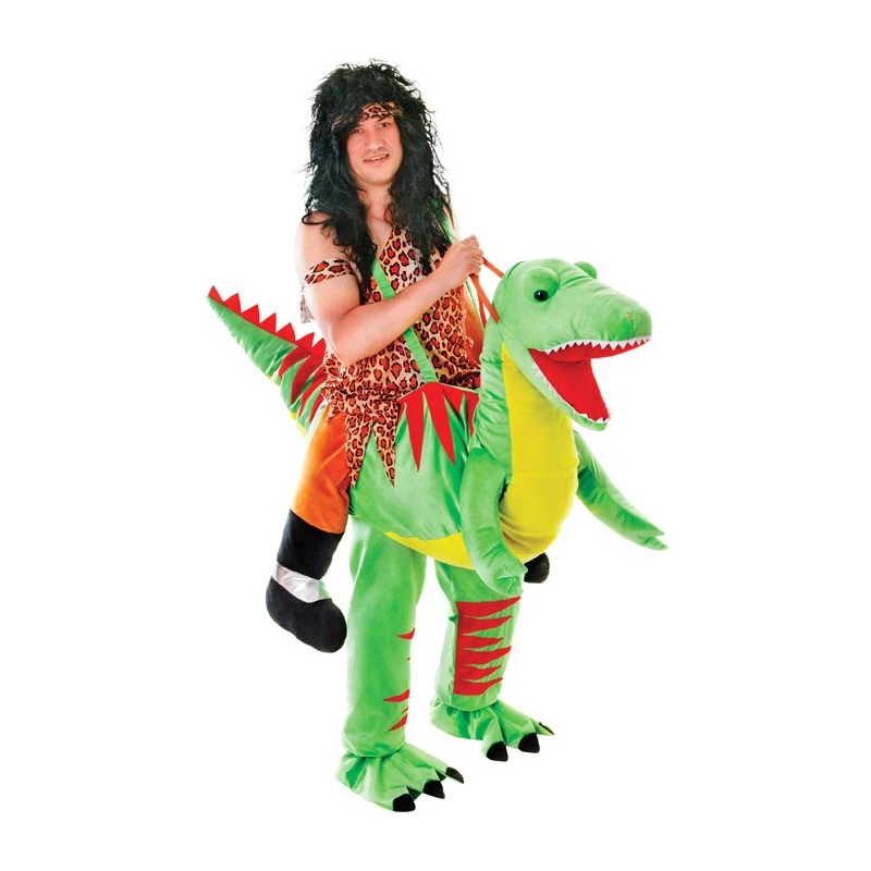 Déguisement monté sur un dinosaure, costume d'homme des cavernes sur son dinosaure en peluche