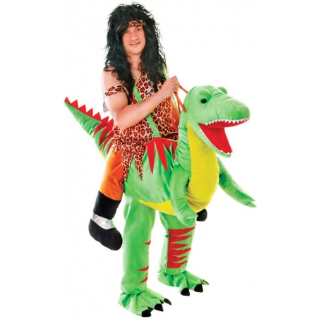 Déguisement monté sur un dinosaure, costume d'homme des cavernes sur son dinosaure en peluche