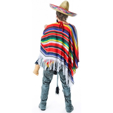Déguisement Mexicain monté sur un âne, costume avec pantalon avec animal en peluche, moustache et poncho