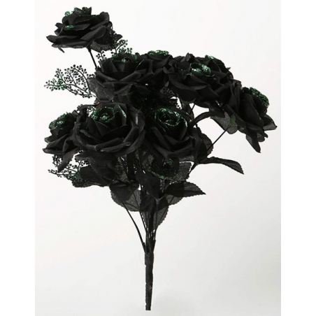 Bouquet de roses noires décoré de paillettes vertes - article de décoration pour halloween