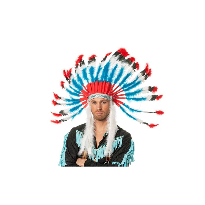 Coiffe indienne pour homme avec plumes bleues, rouges et blanches 