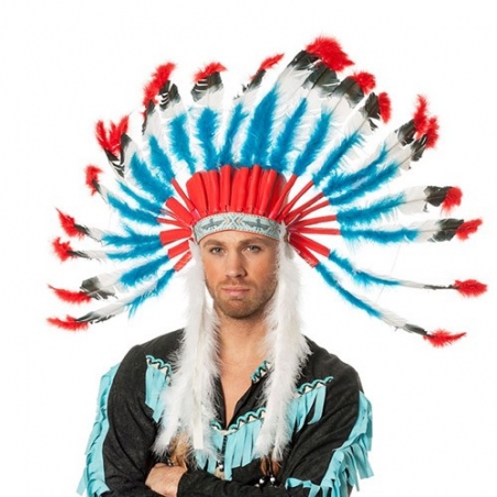 Coiffe indienne pour homme avec plumes bleues, rouges et blanches Coiffe indienne pour homme avec plumes bleues, rouges et blanches