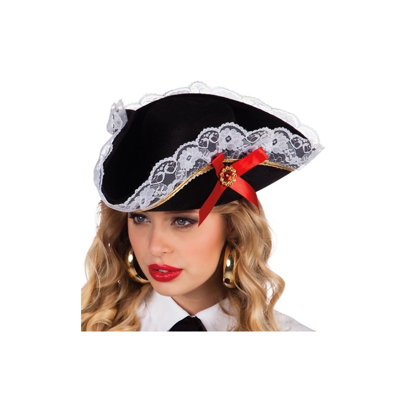 Chapeau pirate femme, tricorne pirate avec nœud rouge et dentelle 
