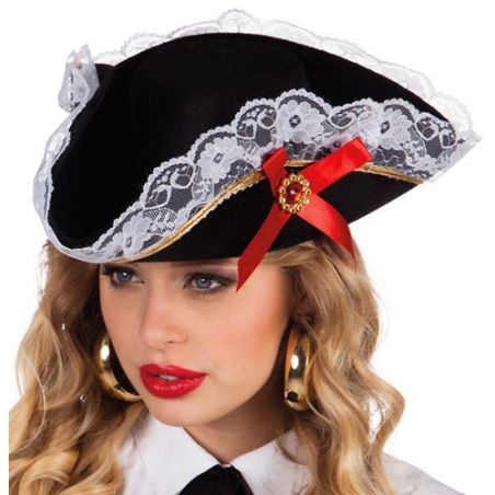 Chapeau pirate femme, tricorne pirate avec nœud rouge et dentelle 