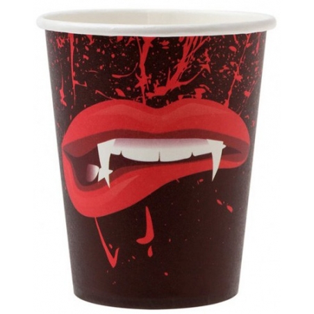  6 gobelets en carton décoré d'une bouche de vampire - vaisselle jetable halloween 