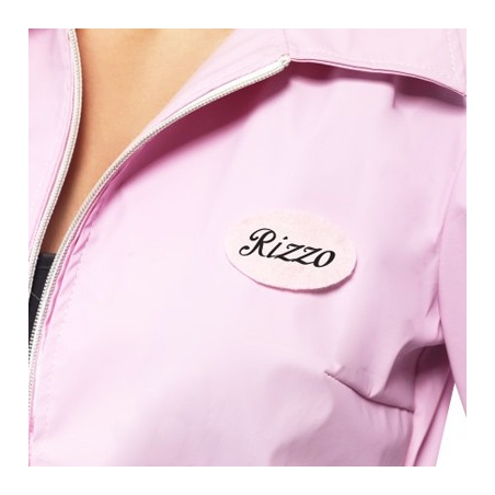 Déguisement Grease Rizzo, veste rose avec badge personnalisable