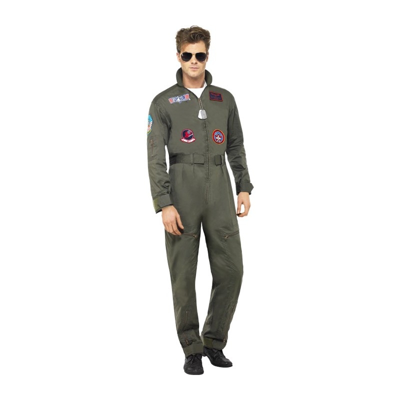 Déguisement Top Gun adulte luxe, combinaison de pilote casse avec lunettes, écussons et dog tags