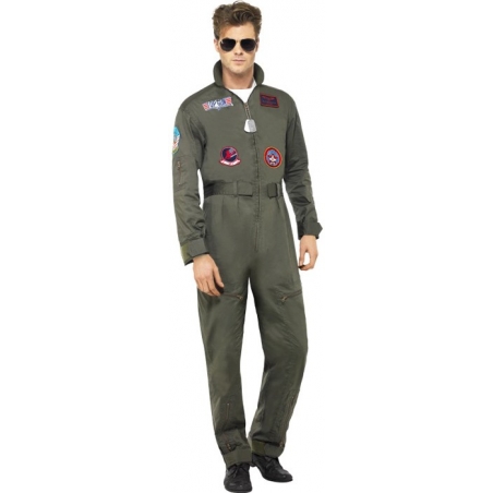 Déguisement Top Gun adulte luxe, combinaison de pilote casse avec lunettes, écussons et dog tags