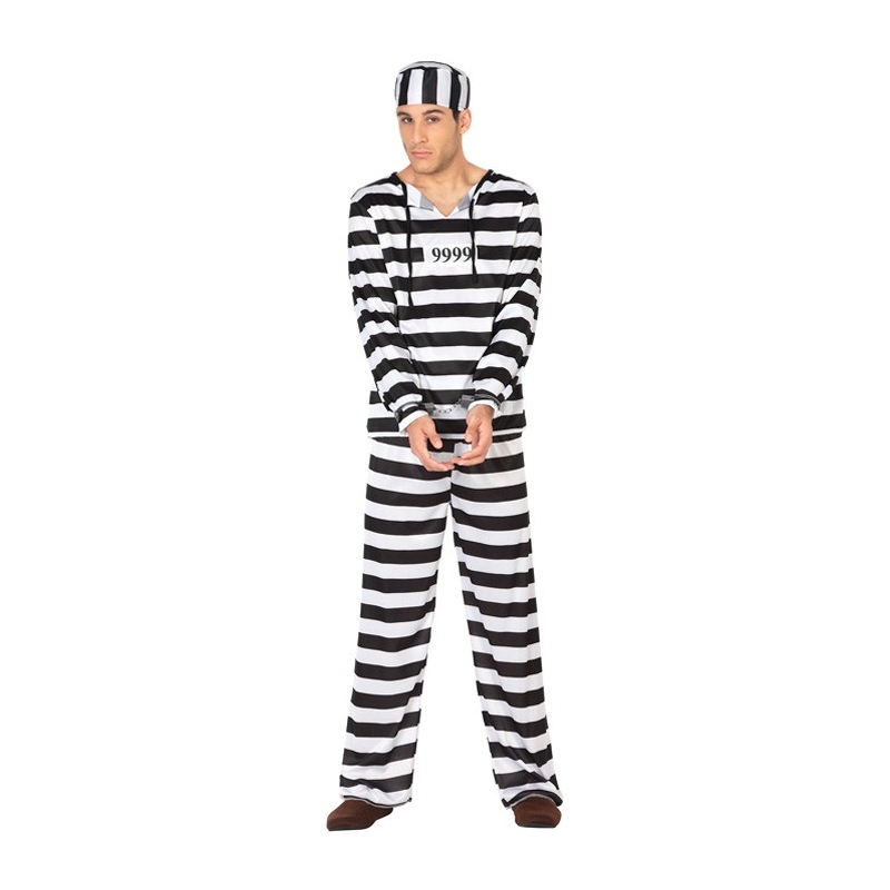 Déguisement prisonnier noir et blanc pour homme avec haut, pantalon et chapeau
