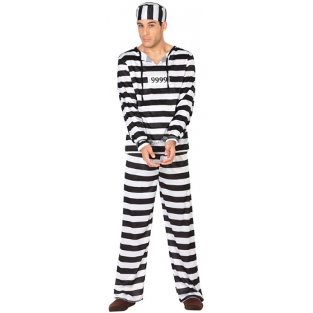 Déguisement prisonnier noir et blanc pour homme avec haut, pantalon et chapeau