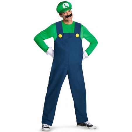 Déguisement de Luigi pour homme avec salopette, casquette, moustache, gants et ventre conflable - costume Nintendo Déguisement de Luigi pour homme avec salopette, casquette, moustache, gants et ventre conflable - costume Nintendo