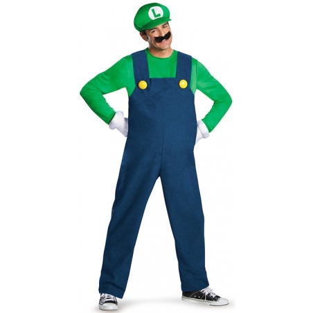 Déguisement de Luigi pour homme avec salopette, casquette, moustache, gants et ventre conflable - costume Nintendo