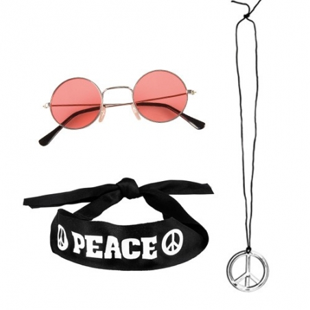 Kit déguisement hippie années 70, collier, lunettes et bandeau peace