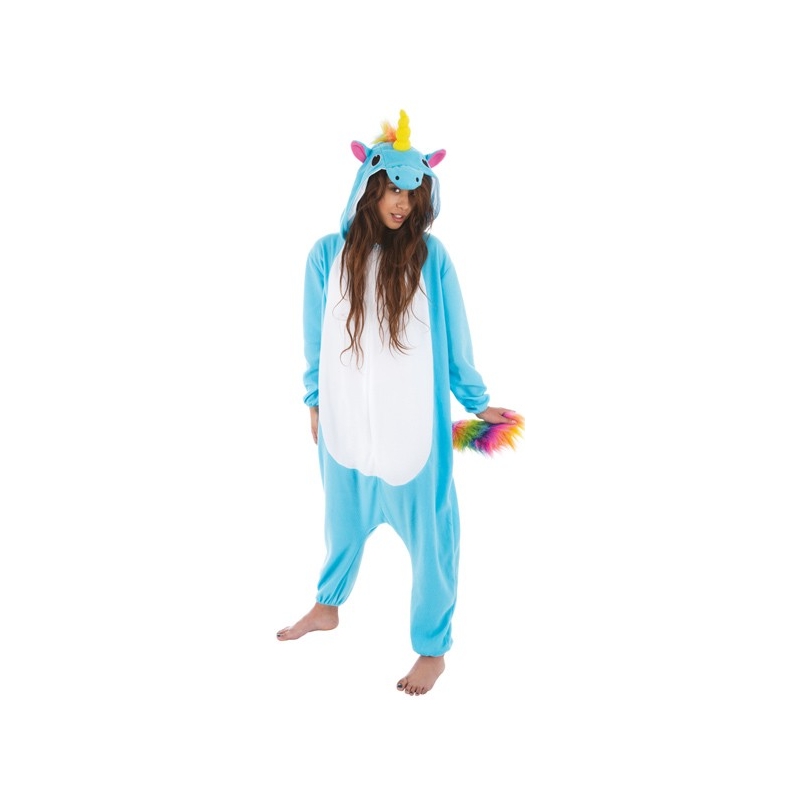 Déguisement licorne bleue femme, kigurumi licorne avec combinaison à capuche